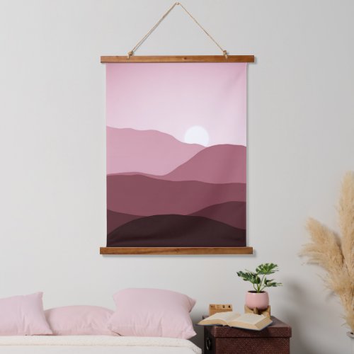 Distant Mountains Dark Mauve Blush Pink Sunset Hanging Tapestry