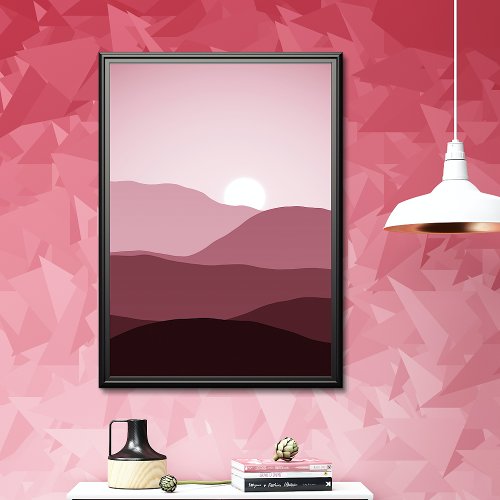 Distant Mountains Dark Mauve Blush Pink Sunset Poster