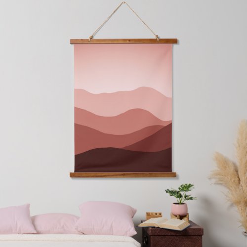 Distant Mountains Dark Red Blush Coral Sunset Hanging Tapestry