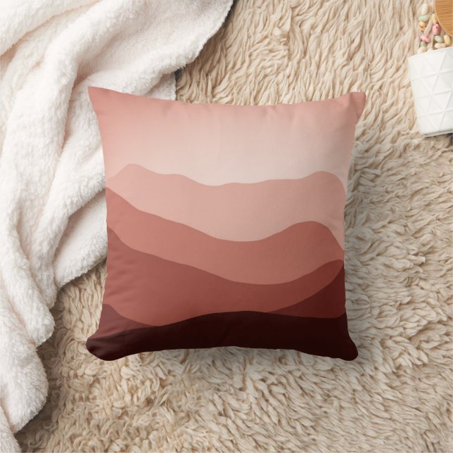 Distant Mountains Dark Red Blush Coral Sunset Throw Pillow (Blanket)