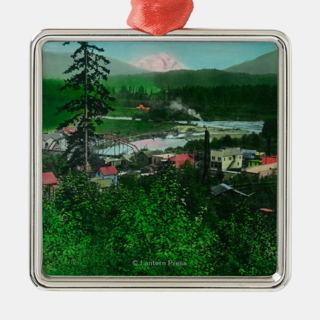 Distant View of Glacier Peak and Town Metal Ornament (Front)
