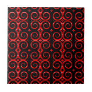 Distinctive Black Swirls (On Red) Ceramic Tile