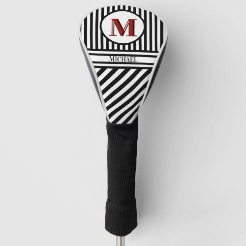 Distinctive Monogram Black Red White Stripes Golf Head Cover
