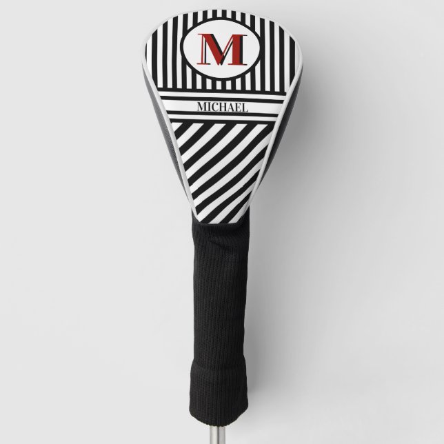 Distinctive Monogram Black Red White Stripes Golf Head Cover (Front)