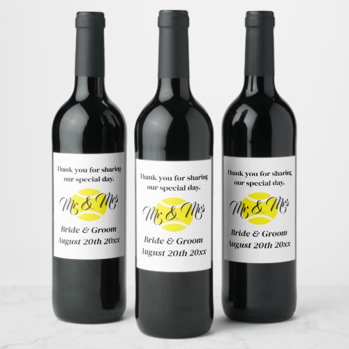 Distinctive tennis theme wedding party wine labels