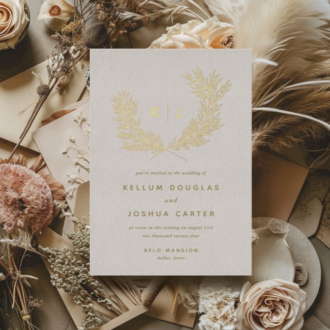 Distinguished Monogram Wedding Gold Foil Invitation (Distinguished monogram laurels gold foiled wedding invitations.)