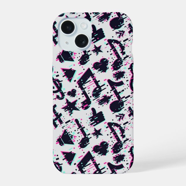 Distorted Musical Notes & Hearts Pattern iPhone 15 Case (Back)