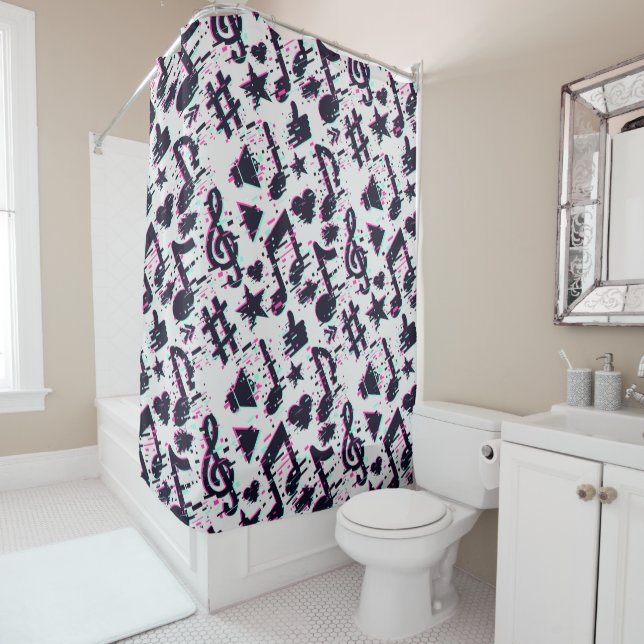 Distorted Musical Notes & Hearts Pattern Shower Curtain (In Situ)