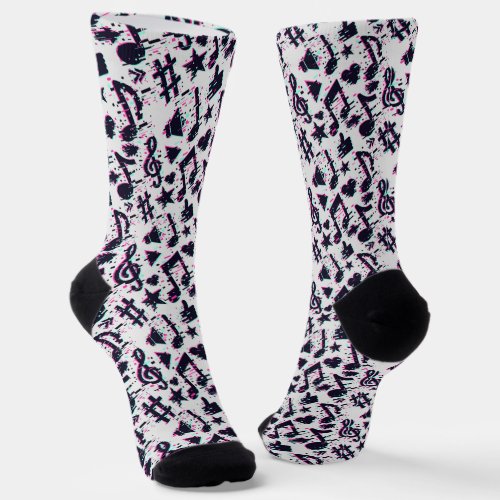 Distorted Musical Notes  Hearts Pattern Socks