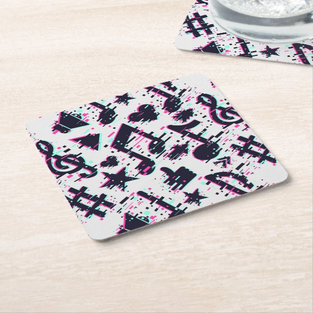 Distorted Musical Notes & Hearts Pattern Square Paper Coaster (Angled)