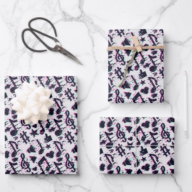 Distorted Musical Notes & Hearts Pattern Wrapping Paper Sheets (Front)