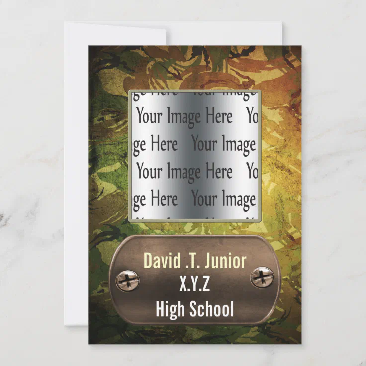 distress green camo Graduation photo Invitation Zazzle