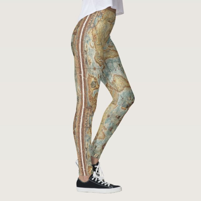 Distress Vintage antique drawn world map Leggings (Right)