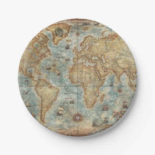 Distress Vintage antique drawn world map Paper Plates