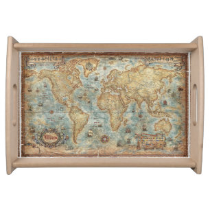 Distress Vintage antique drawn world map Serving Tray