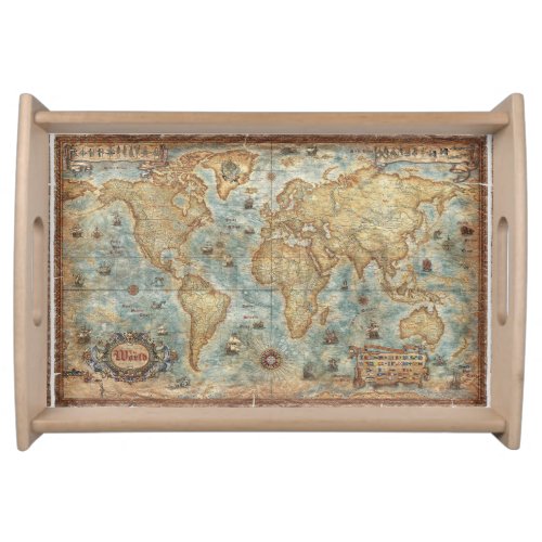 Distress Vintage antique drawn world map Serving Tray