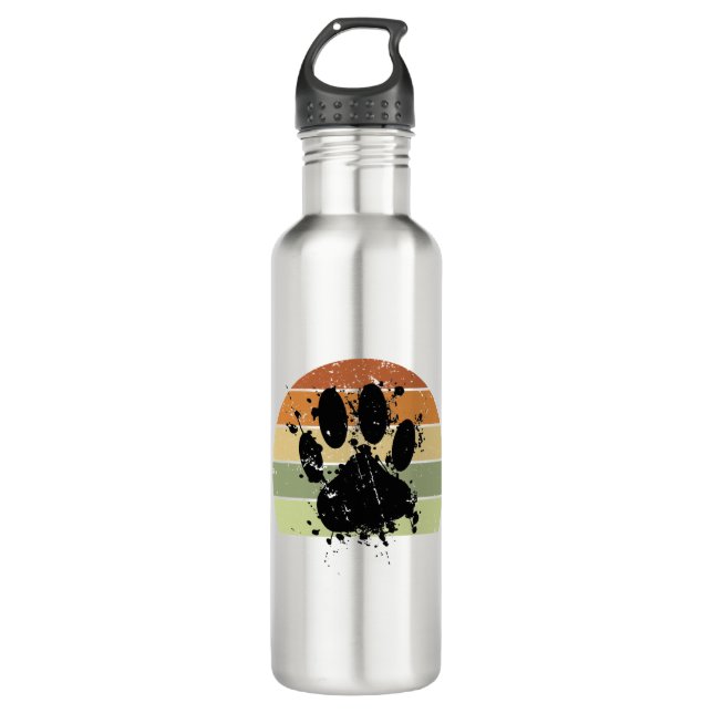 Distresse Paint Spatter Dog Paw Print Retro Sunset Stainless Steel Water Bottle (Front)