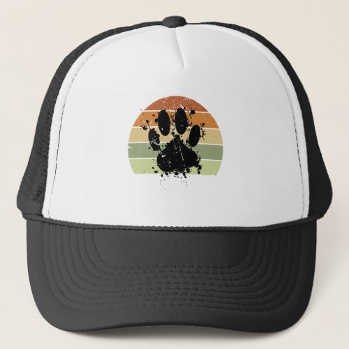 Distresse Paint Spatter Dog Paw Print Retro Sunset Trucker Hat