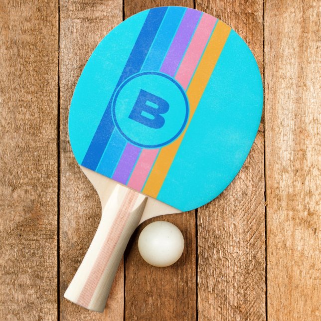 Distressed 80s Neon Ocean Sky Striped with Initial Ping Pong Paddle (Creator Uploaded)