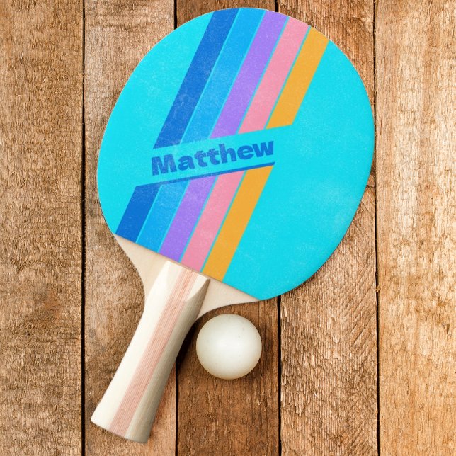 Distressed 80s Neon Ocean Sky Striped with Name Ping Pong Paddle (Creator Uploaded)