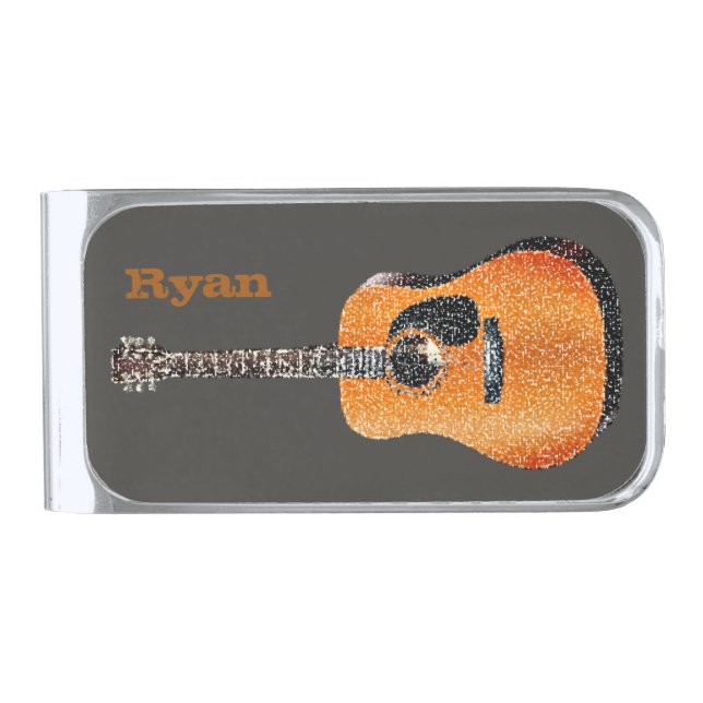 Distressed Acoustic Guitar Name Template Silver Finish Money Clip (Front)