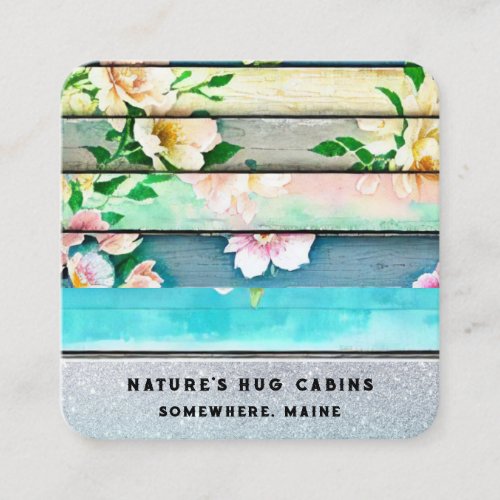   Distressed  Aged Wood QR AP49 Flowers Pastel Square Business Card