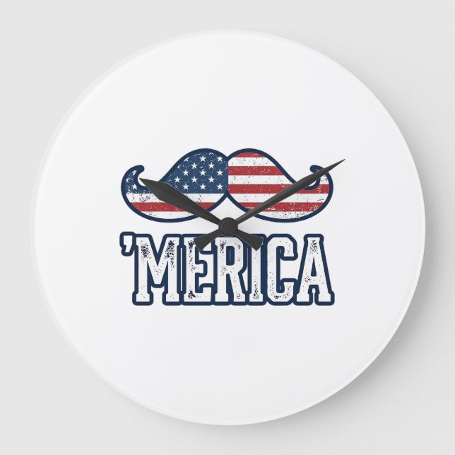 Distressed America Mustache Patriotic Vector Desig Large Clock (Front)