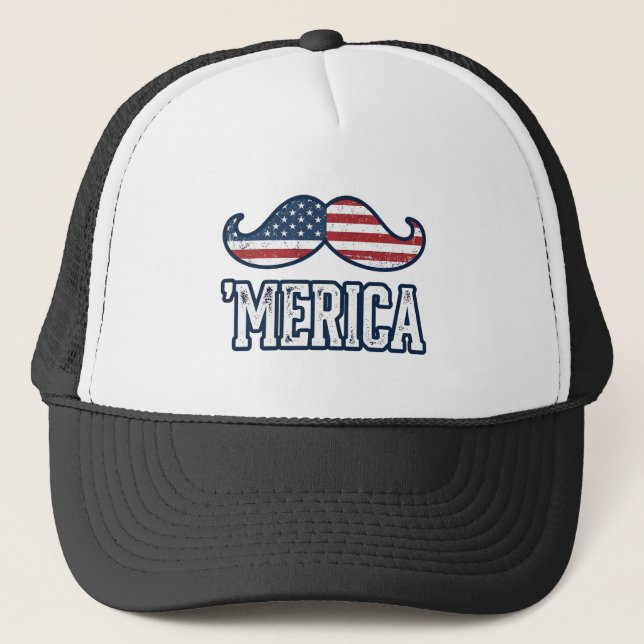 Distressed America Mustache Patriotic Vector Desig Trucker Hat (Front)