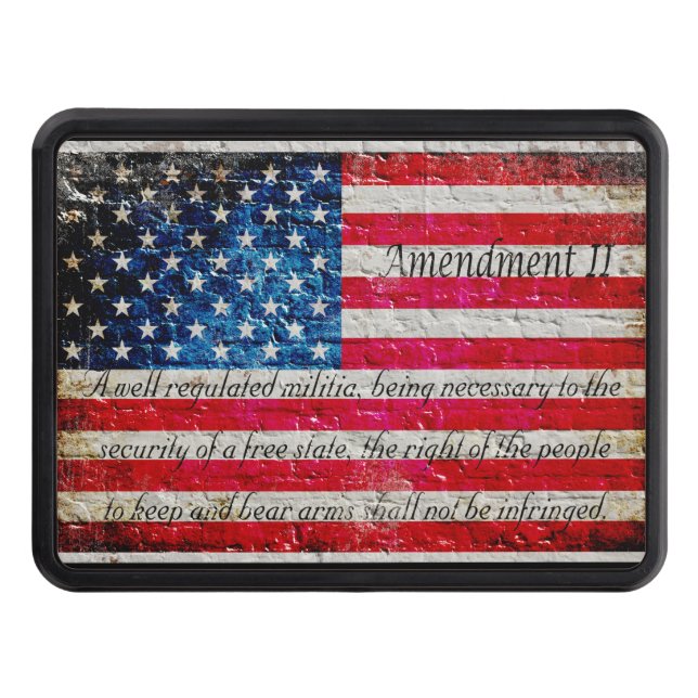Distressed American Flag & 2nd Amendment On Bricks Trailer Hitch Cover (Front)