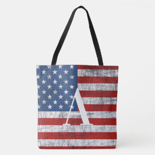 Distressed American Flag 4th of July Initial  Tote Bag