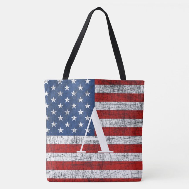 Distressed American Flag 4th of July Initial  Tote Bag (Front)