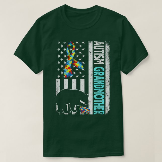 Distressed American Flag Autism Grandmother Bear A T-Shirt (Design Front)