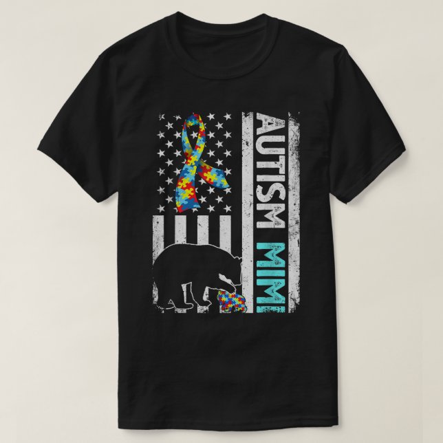 Distressed American Flag Autism Mimi Bear Autistic T-Shirt (Design Front)