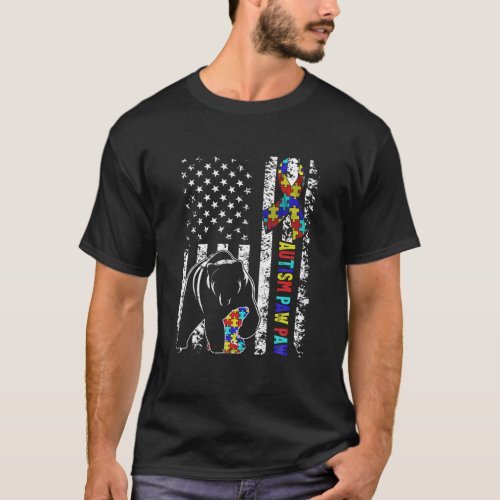 Distressed American Flag Autism Paw Paw Bear Aware T_Shirt