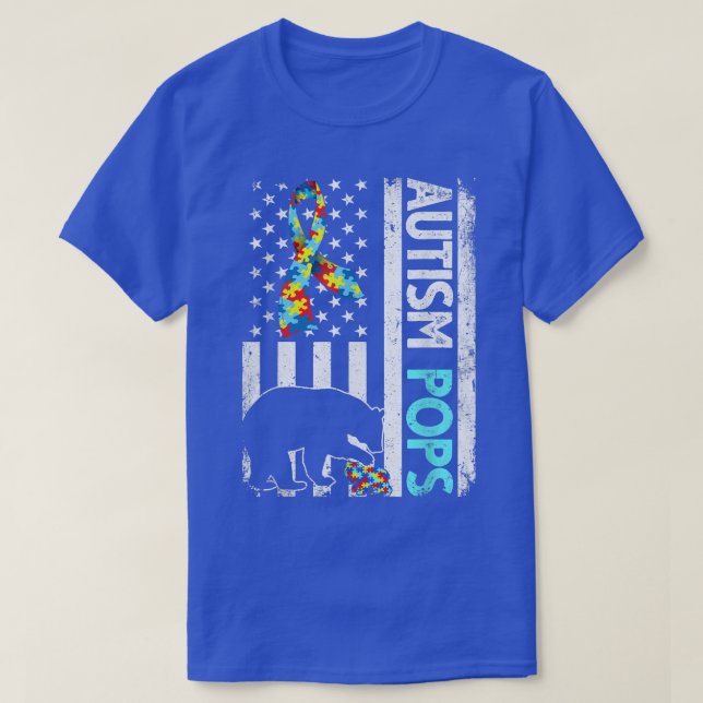 Distressed American Flag Autism Pops Bear Autistic T-Shirt (Design Front)