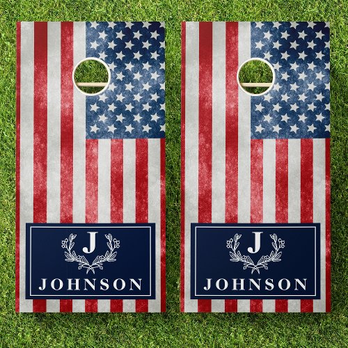 Distressed American Flag Family Name Monogram Cornhole Set