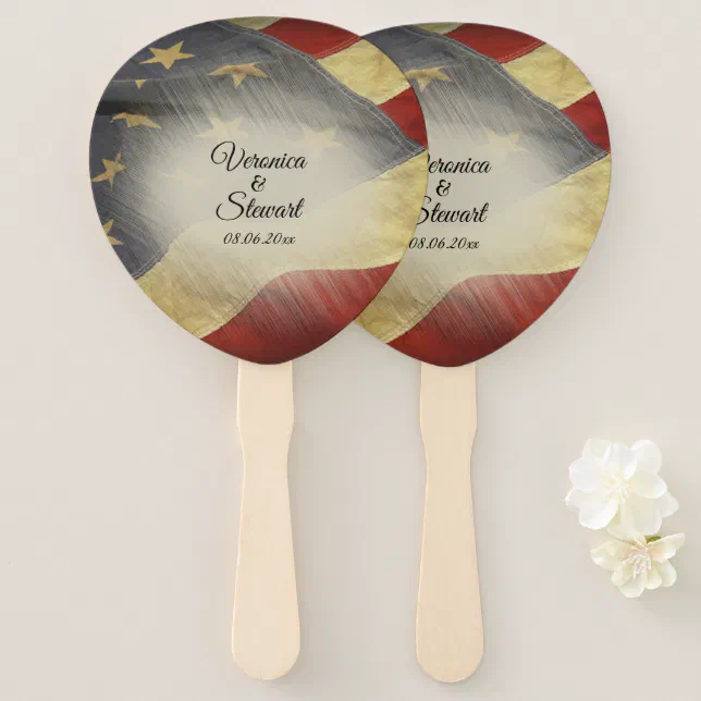 Distressed American Flag Names and Date Hand Fan (Front and Back)