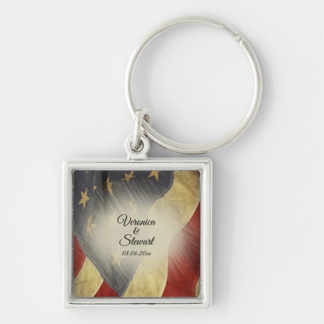 Distressed American Flag Names and Date Keychain (Front)