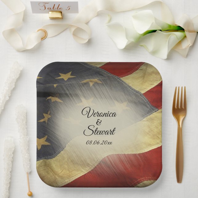 Distressed American Flag Names and Date Paper Plates (Wedding)