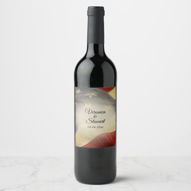 Distressed American Flag Names and Date Wine Label (Front)