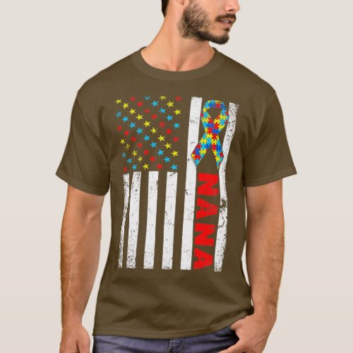 Distressed American Flag Nana Autism Awareness Fam T_Shirt