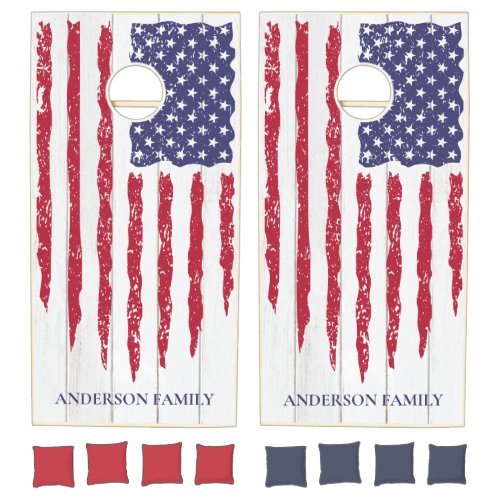 Distressed American Flag on White Wood Signature  Cornhole Set