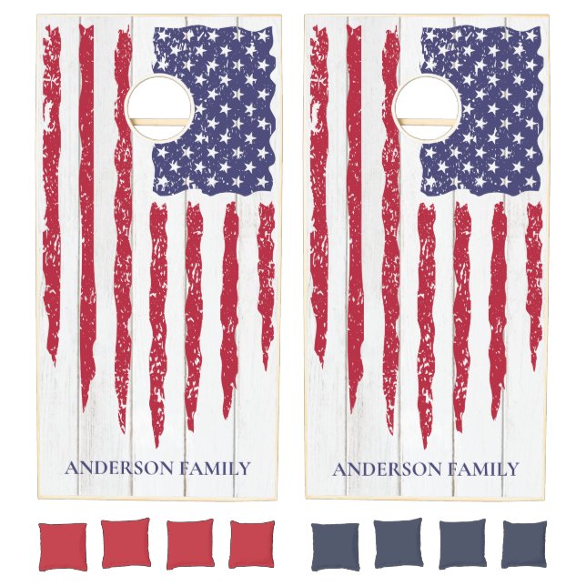 Distressed American Flag on White Wood Signature  Cornhole Set (Set)