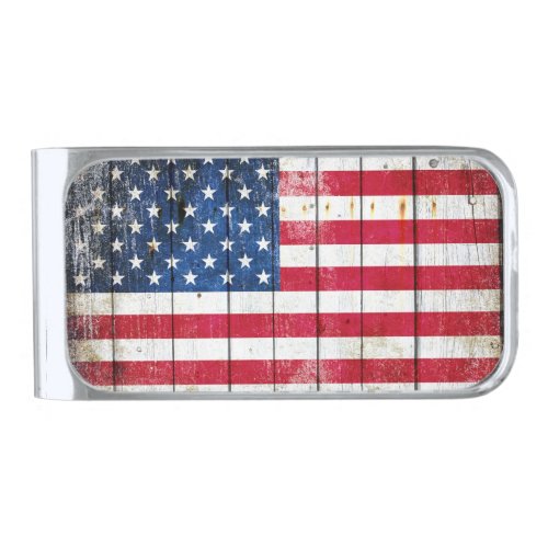 Distressed American Flag On Wood Planks Silver Finish Money Clip