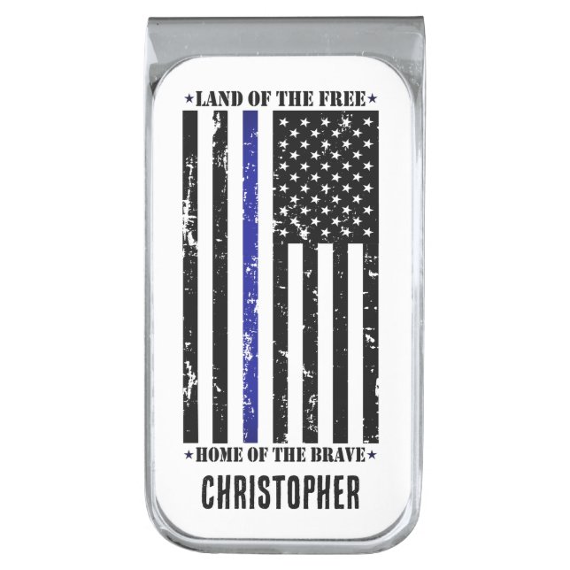 Distressed American Flag Police Blue Line Support Silver Finish Money Clip (Front Vertical)