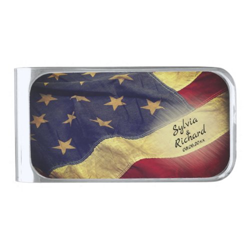 Distressed American Flag  Silver Finish Money Clip