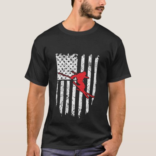 Distressed American Flag Ski Vintage Skiing Cool S T_Shirt