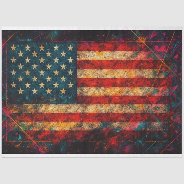 Distressed American Flag with Neon Decoupage Tissue Paper (Front)