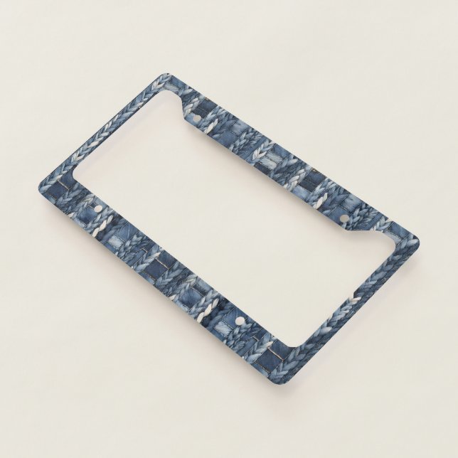 Distressed And Braided Blue Jean Denim License Plate Frame (3/4)