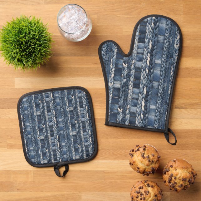 Distressed And Braided Blue Jean Denim Oven Mitt & Pot Holder Set (Top Down)